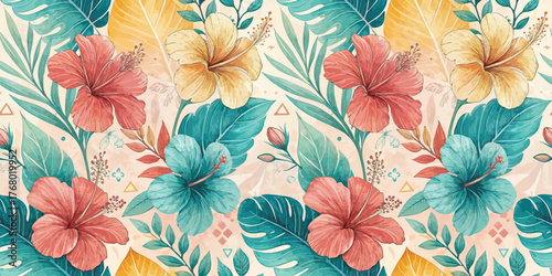 Vibrant tropical floral pattern with hibiscus and lush leaves in warm colors.