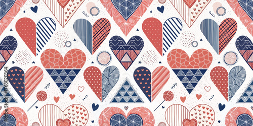 Colorful heart pattern featuring various shapes and designs in red, navy, and soft pink hues.