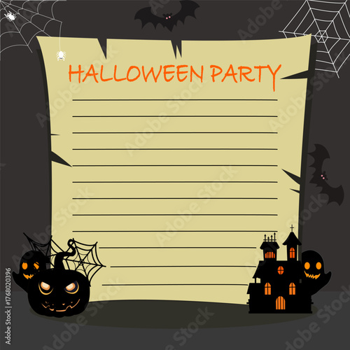 A Halloween Party invitation template with ample space for text on an old paper scroll background. Features spooky silhouettes of a haunted house, grinning pumpkins, ghosts, bats, and spider webs