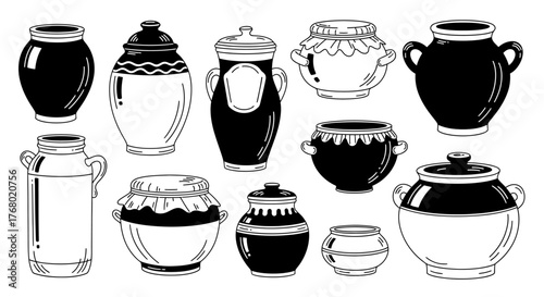 A diverse collection of hand drawn rustic pots and jars.