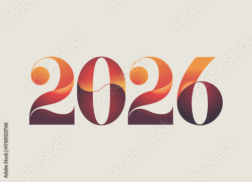 Modern graphic design of the year 2026 with gradient color scheme and futuristic typography creating an abstract number art piece on beige background