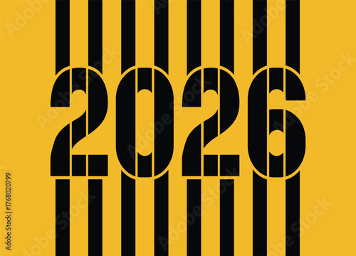 Stylish 2026 Typography Graphic with Black Vertical Stripes and Yellow Background for Future Events and Designs