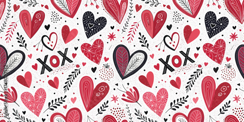 A vibrant pattern of red and black hearts with whimsical designs, perfect for romantic-themed projects.