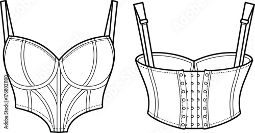 Bustier top technical fashion flat sketch, structured lingerie design, vector CAD drawing, garment construction illustration