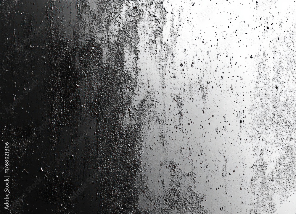 Obraz premium Close-up of textured surface with black and white gradient covered in water droplets, creating a contrast of wet and dry areas with a reflective shine