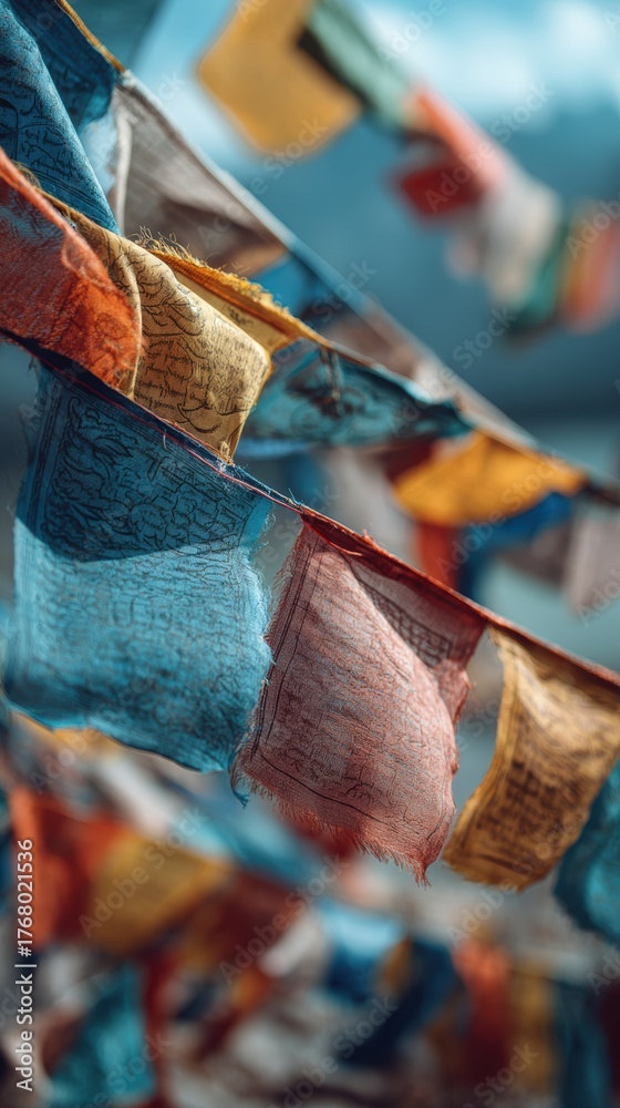 Fototapeta premium Colorful Prayer Flags Flowing in the Wind Against a Bright Sky