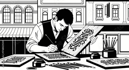 Artisan meticulously crafting lettering on wooden sign with focus.