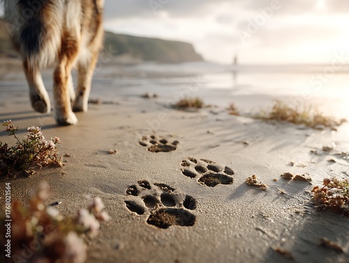 Dog Walking on the Beach Leaving Paw Prints on the Sand with Natural Scenery and Soft Sunset Light Illuminating the Scene