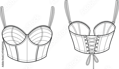 Cad drawing flat vector illustration, bustier corset fashion design, technical garment sketch, structured top front back view