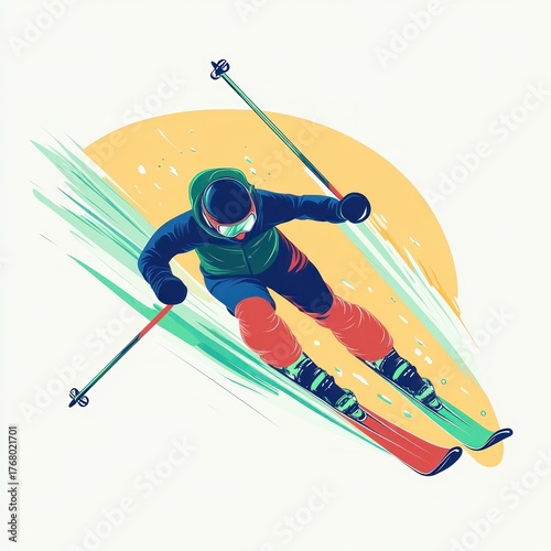 Dynamic illustration of a skier aggressively descending a snowy slope with speed and motion, wearing winter gear and using ski poles