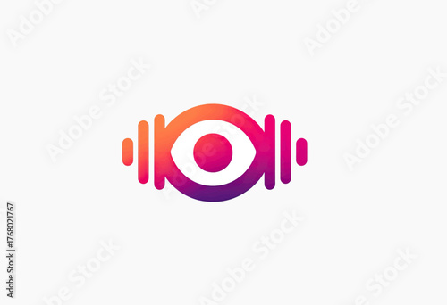 A vibrant, gradient-colored logo featuring a stylized eye with sound wave or equalizer bar elements on both sides, set against a clean white background.