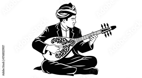 Black and white illustration of a man playing a traditional lute.