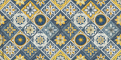 Intricate geometric pattern featuring blue, yellow, and white floral designs creating a vibrant backdrop.