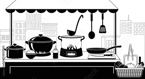 Black and white illustration of an outdoor food stall kitchen.