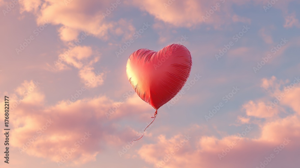 Fototapeta premium Pink Heart Balloon Floating in a Colorful Sky with Clouds at Dusk