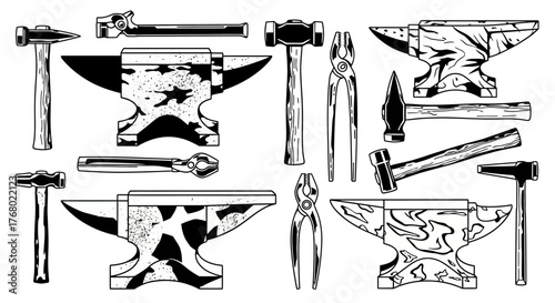 Blacksmith tools collection featuring hammers anvils and pliers.