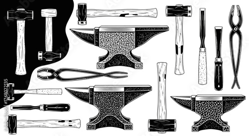 Blacksmith Tools - Anvil, Hammers, and Tongs for Metalworking.