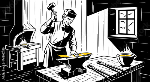 Blacksmith working at anvil with hammer and metal.