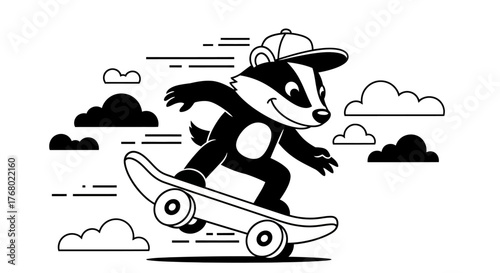 Cartoon Badger Skateboarder Riding a Skateboard with a Cap.