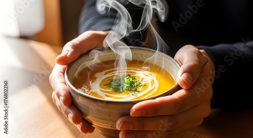 Close-up of a person's hands holding a steaming bowl of creamy orange soup garnished with cream and herbs.