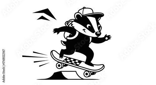 Cartoon Badger Skateboarding with Backpack and Cap.