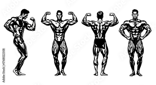 Male Bodybuilder Silhouettes Vector Set: Muscular Fitness Poses