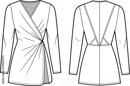 CAD drawing flat vector illustration, technical fashion tunic top sketch front back view, apparel design template