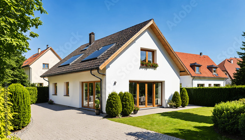 a modern white house with a dark roof solar panels and a green lawn under a clear blue sky in a suburban neighborhood.