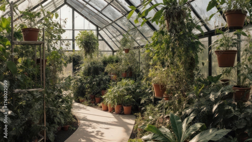 Obraz premium Inside a greenhouse, lush plants fill the space with a pathway leading towards the sunlight