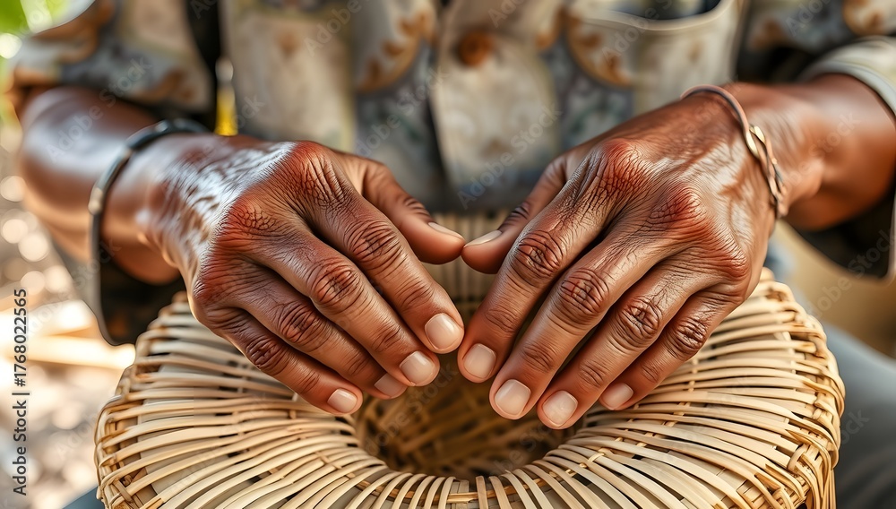 Fototapeta premium Hands of an elderly craftsman weaving bamboo basket in natural daylight