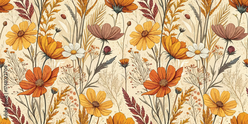 Vibrant floral pattern featuring orange and yellow flowers on a soft beige background.