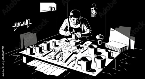 Craftsman diligently working on his creations at a well-lit workbench.