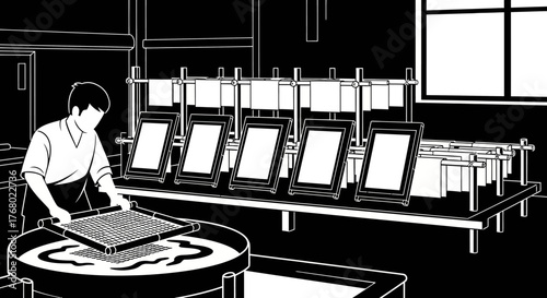 Craftsman skillfully making traditional handmade paper in a workshop.