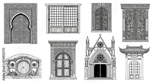 Collection of Vintage Architectural Door Illustrations from Different Cultures.