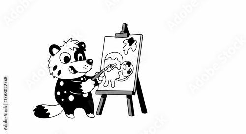 Cute cartoon badger artist painting a picture on an easel.