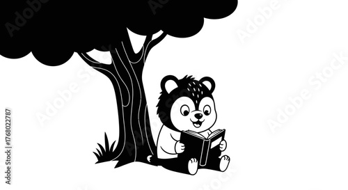 Cute cartoon bear reading a book under a tree.