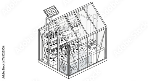 Detailed Greenhouse Design with Solar Panel and Hydroponic System.
