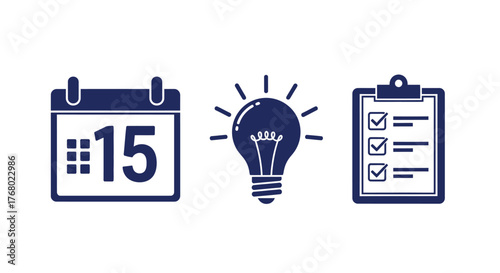 Set of business icons calendar light bulb clipboard simple flat element web and mobile apps isolated on white background