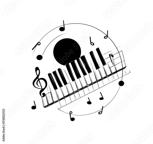 A stylized musical composition, featuring piano keys, a clef, and notes encircling a black dot