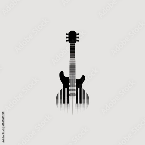 A stylized black and white image of an electric guitar with piano keys for the body.