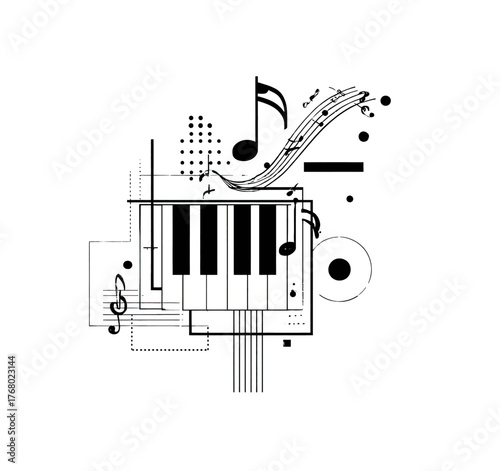 Abstract musical composition featuring piano keys, musical notes, and geometric shapes, symbolizing the fusion of music and art.
