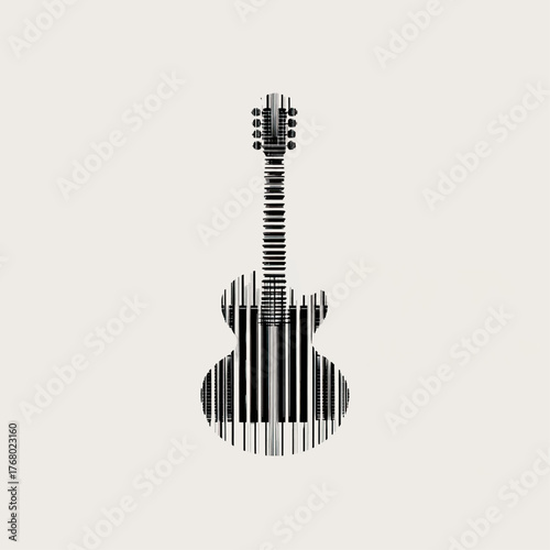 A stylized, grayscale illustration of an electric guitar crafted from vertical bars on a neutral backdrop