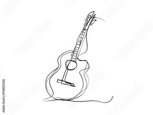 A simple line drawing of an acoustic guitar, showcasing its shape and form.