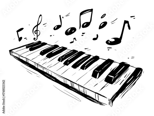 A hand-drawn sketch of a grand piano with musical notes floating around it, suggesting music and melody.
