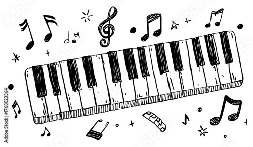 A hand-drawn illustration of a melodica keyboard with musical notes floating around it.