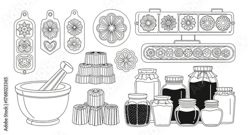 Detailed illustration of kitchen utensils and food items in monochrome style.