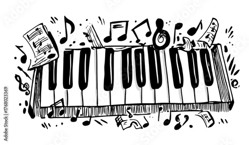 Hand-drawn black and white sketch of a piano keyboard surrounded by various musical notes, clefs, and pieces of sheet music, evoking a sense of melody and artistic expression.