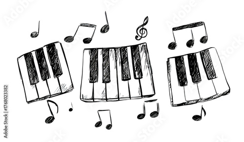 Black and white sketch of three piano keyboards with musical notes floating around.