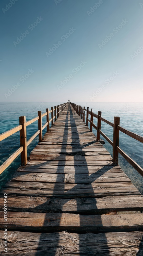 Naklejka premium Serene Wooden Pier Extending into Calm Blue Water at Sunrise