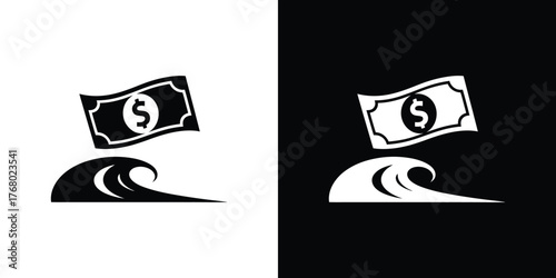 Black and white of money floating above a stylized wave symbol